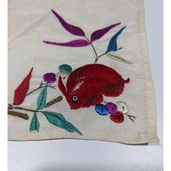 Vintage Embroidered Hankie Handkerchief Rabbit Red Hare Pocket Scarf Silky - Picture 3 of 6